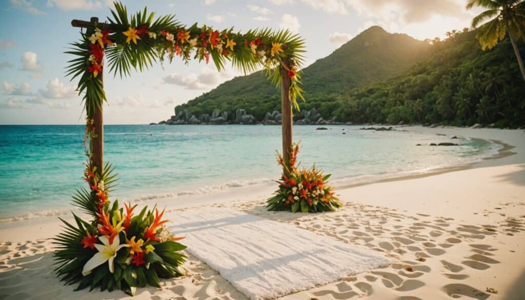 Cérémonie de mariage sur plage avec décor tropical