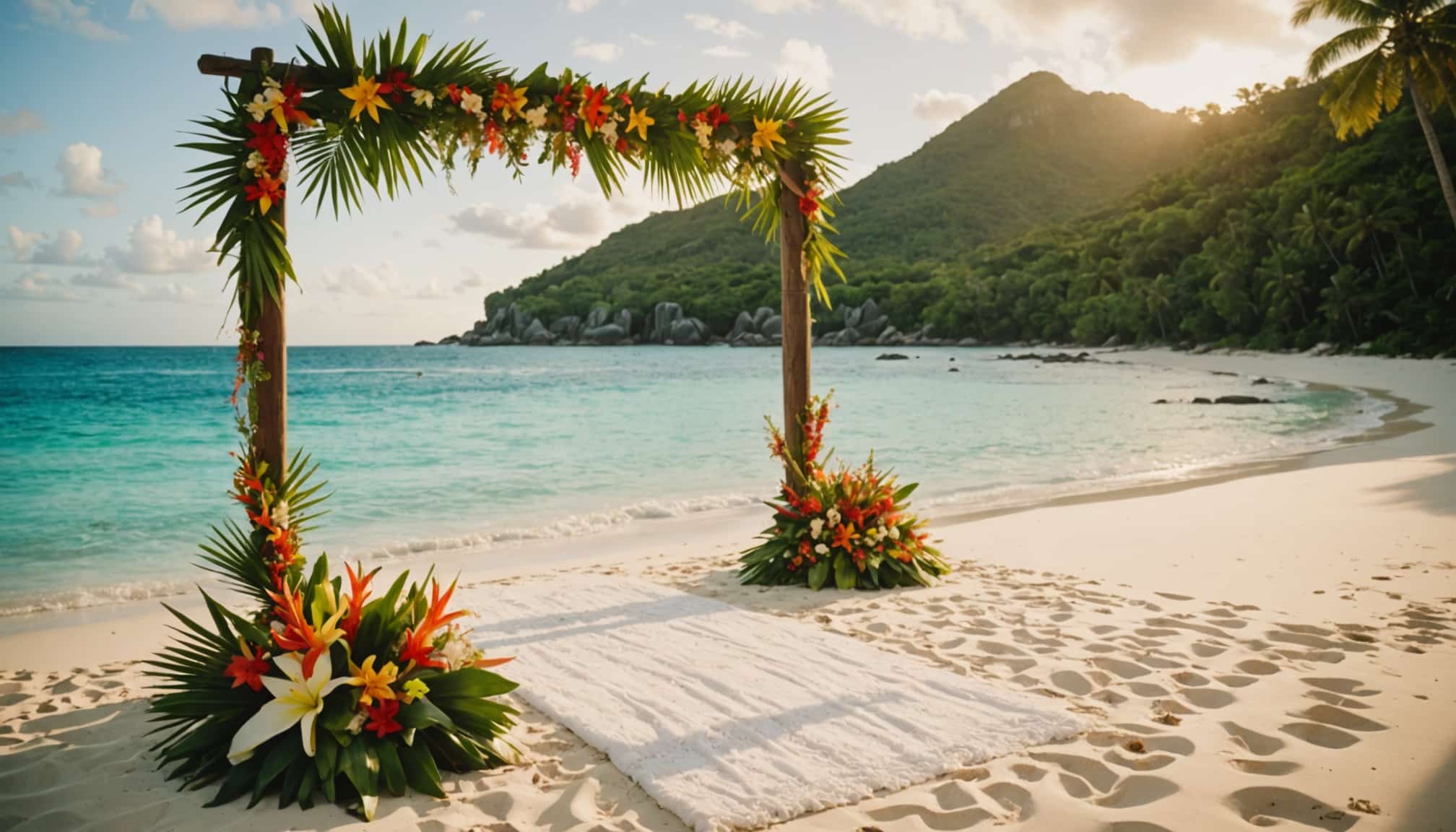 Cérémonie de mariage sur plage avec décor tropical