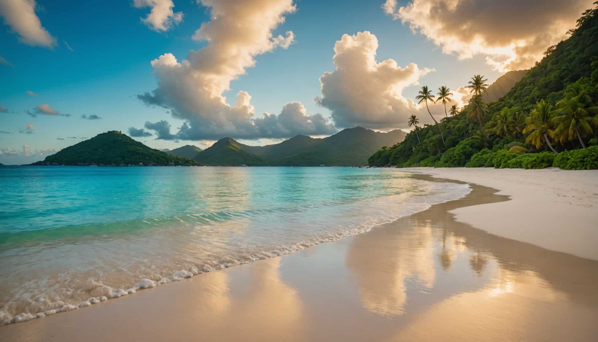 Cérémonie de mariage sur plage avec décor tropical  
Échange de vœux sous un ciel bleu aux Seychelles