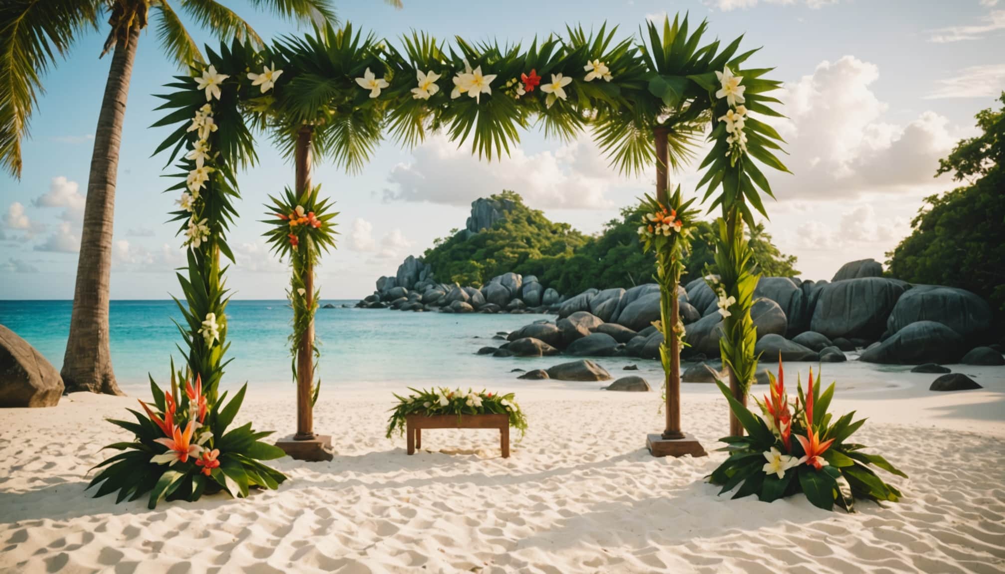 Cérémonie romantique sur une plage aux Seychelles  
Échange de vœux en toute intimité au bord de l'eau