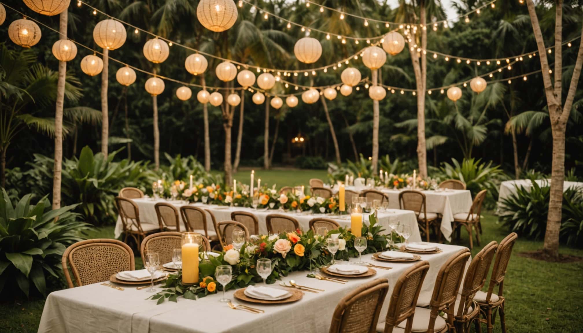 Décoration tropicale pour un mariage coloré  
Ambiance festive et florale pour un mariage exotique
