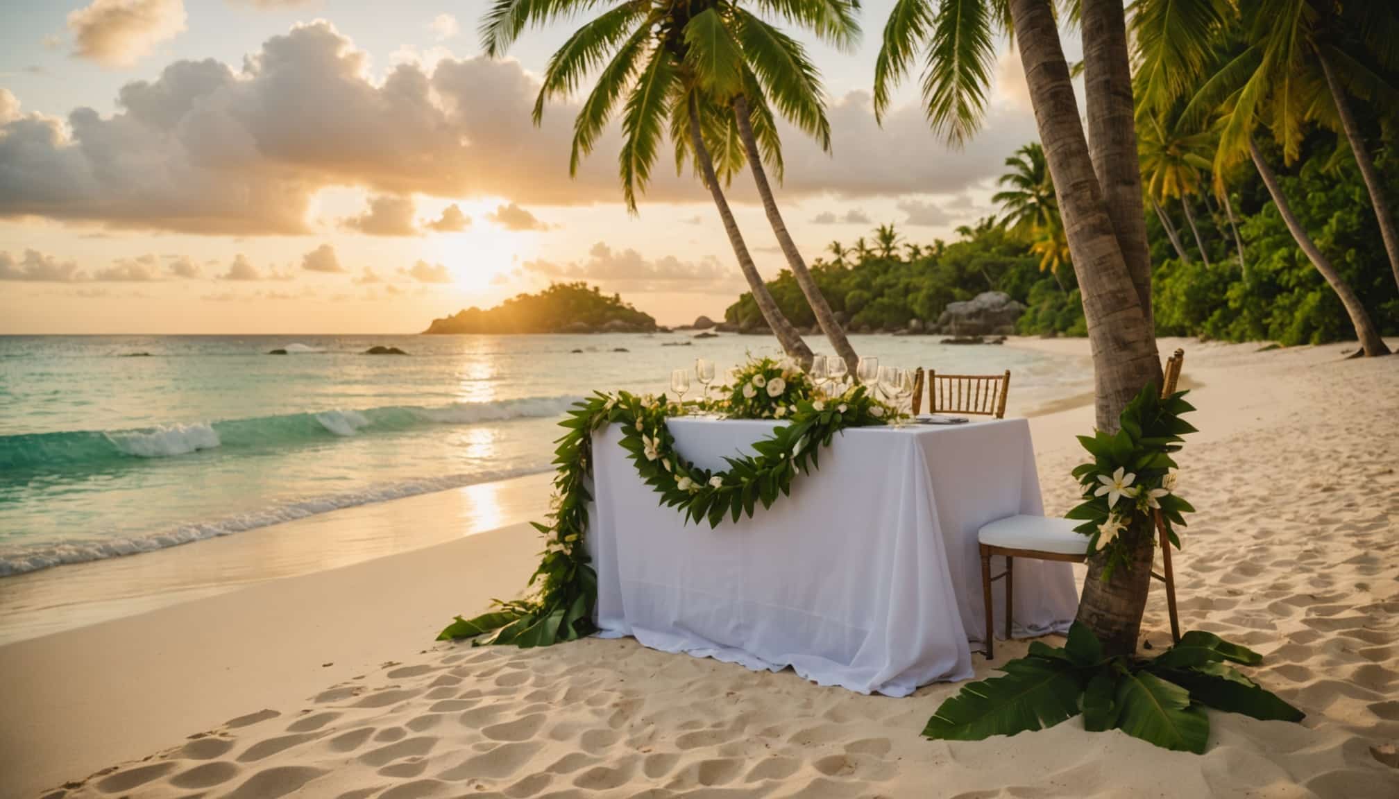 Mariage romantique sur une plage de sable fin  
Cérémonie nuptiale avec vue sur l'océan turquoise