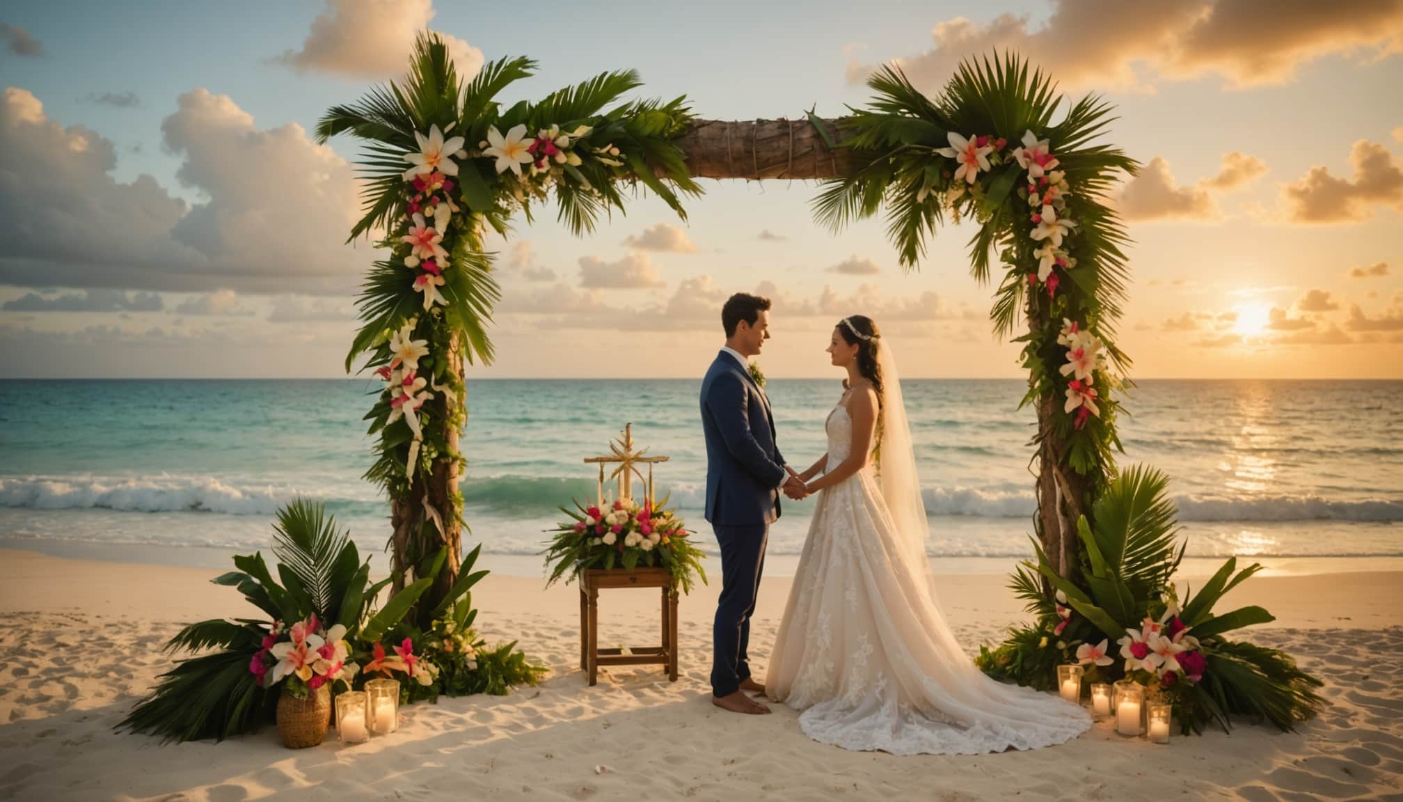 plage de Praslin avec un couple en tenue nuptiale  
cérémonie romantique sur le sable fin de Praslin