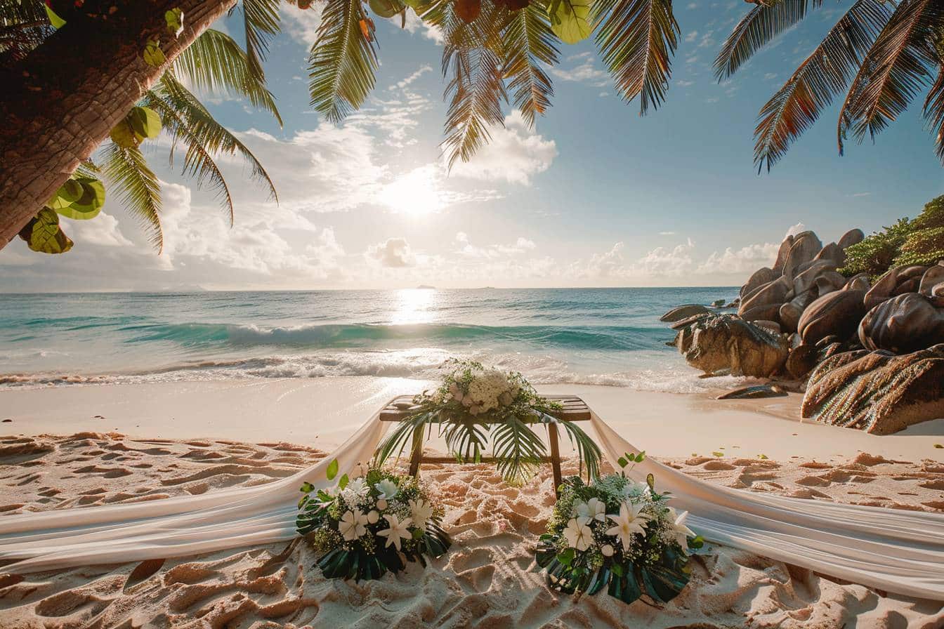 Vidéaste capturant un moment de mariage aux Seychelles  
Scène romantique d'un mariage sous le ciel seychellois